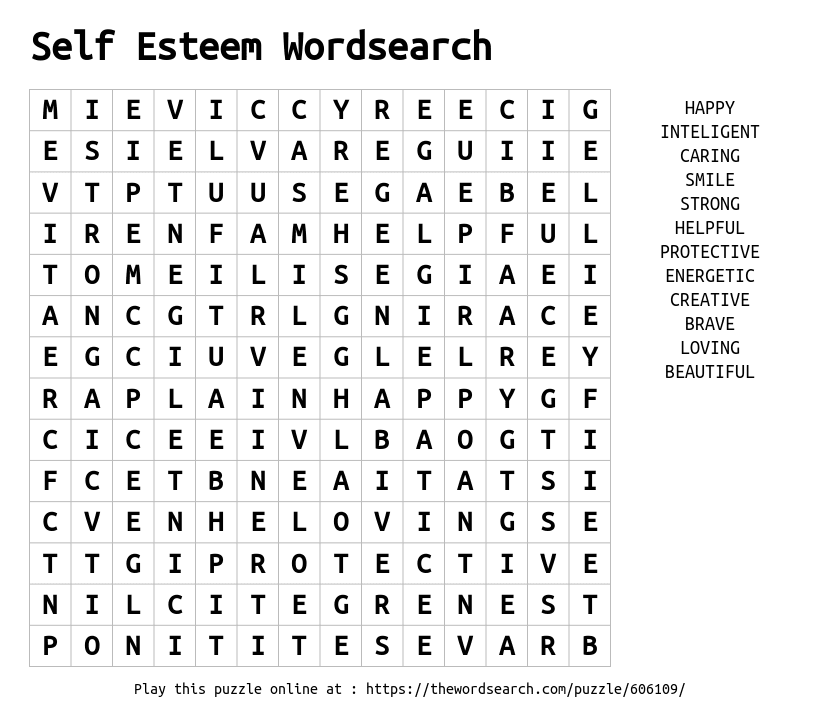 Self Esteem Wordsearch Word Search