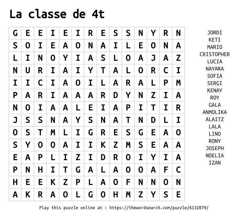 Word Search on La classe de 4t