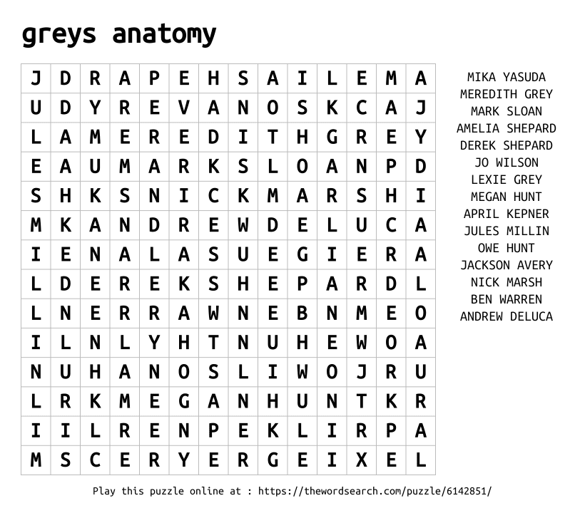 greys anatomy Word Search
