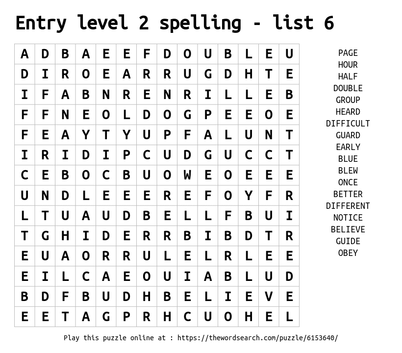 Word Search on Entry level 2 spelling - list 6