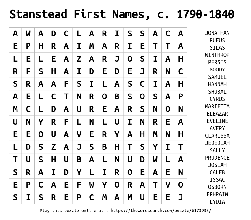 Word Search on Stanstead First Names, c. 1790-1840