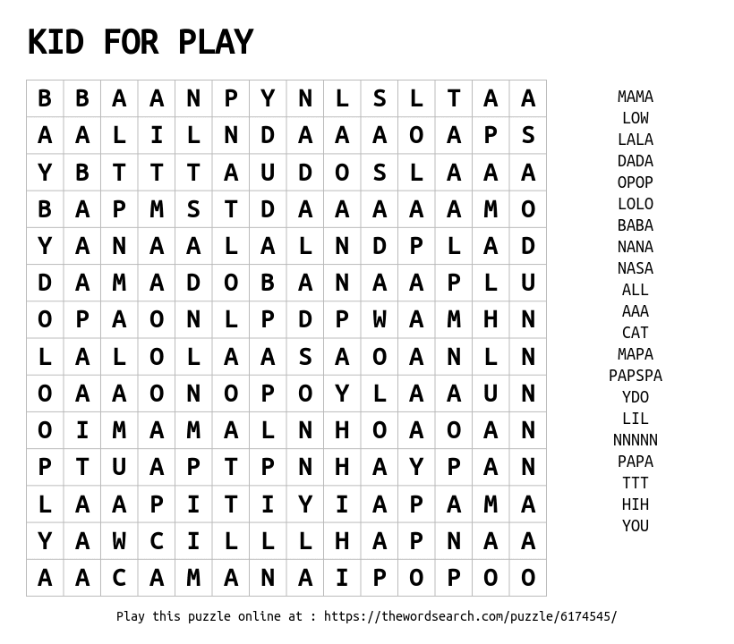 Word Search on KID FOR PLAY