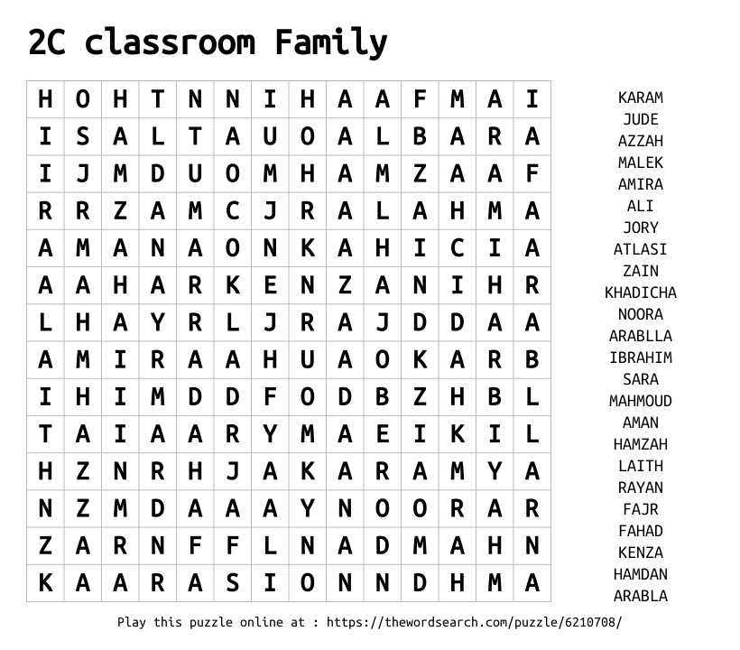 2C classroom Family Word Search