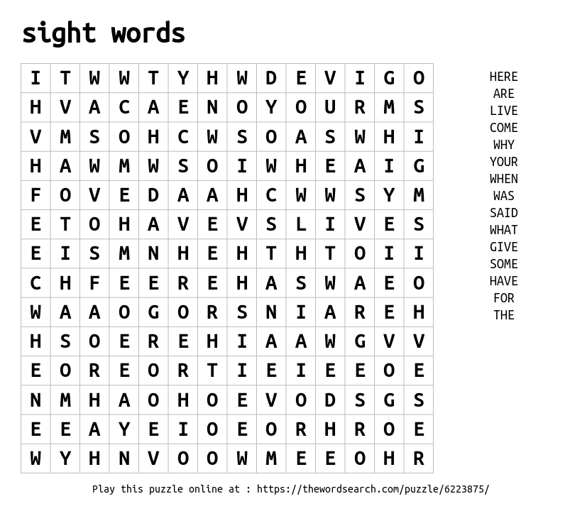 Word Search on sight words