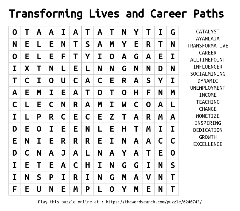 Word Search on Transforming Lives and Career Paths