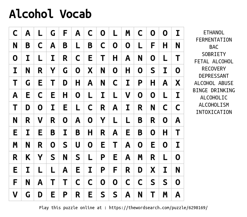 Alcohol Vocab Word Search