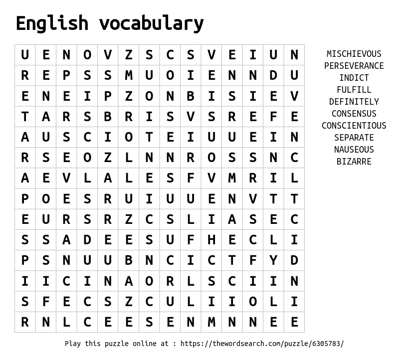 Word Search on English vocabulary