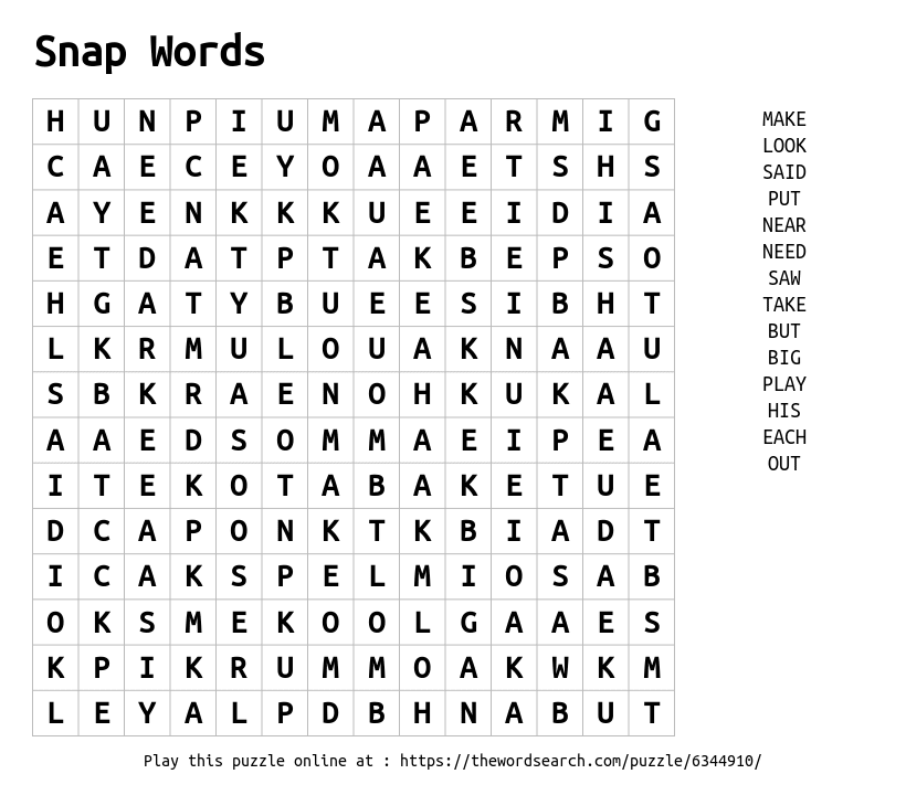 Snap Words Word Search