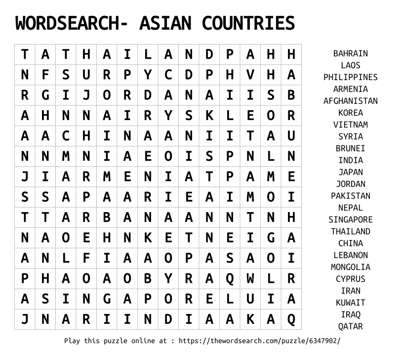 Word Search on WORDSEARCH- ASIAN COUNTRIES