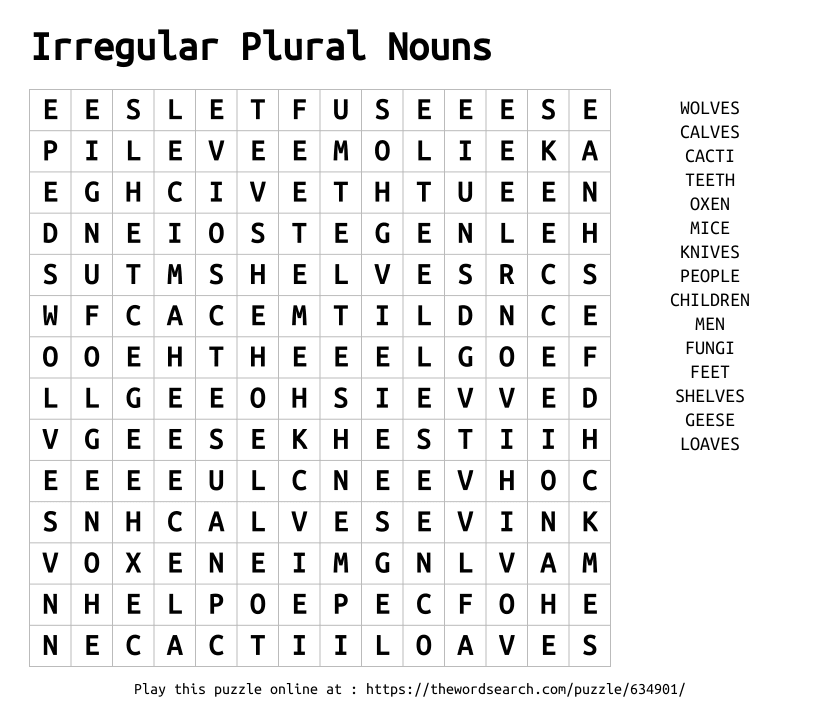 Irregular Plural Nouns Word Search Irregular Plural Nouns Word Search