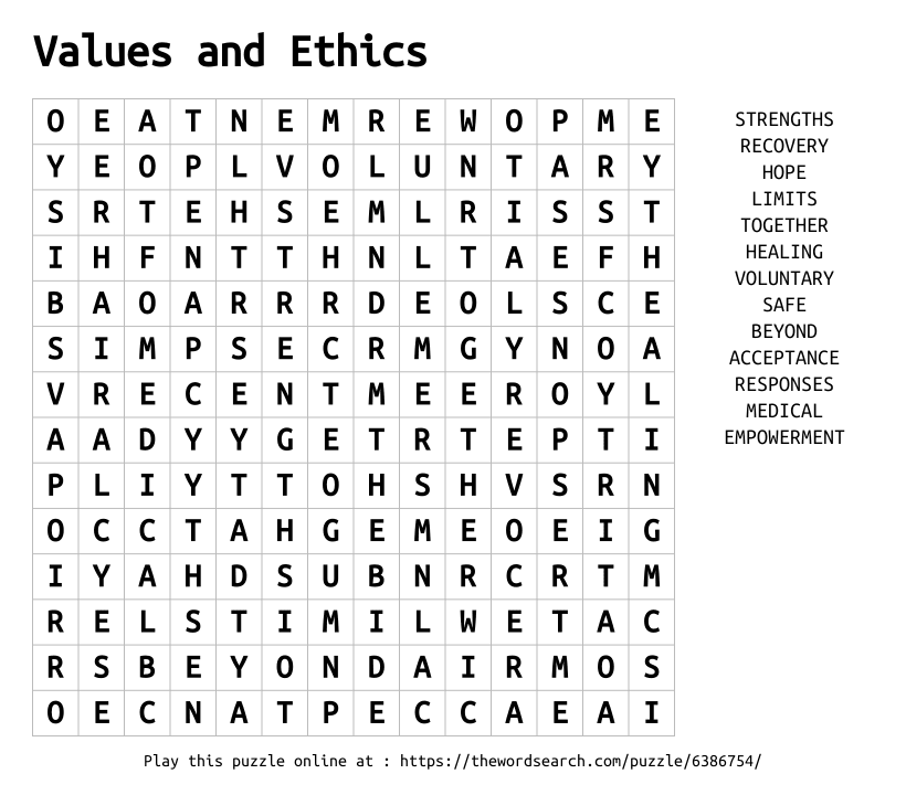 Download Word Search on Values and Ethics