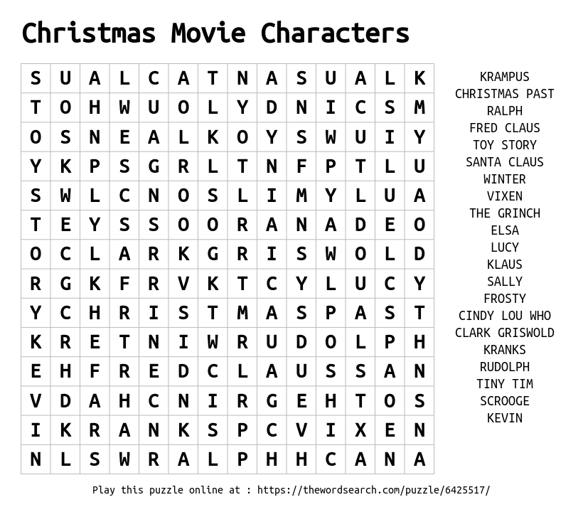 Christmas Movie Characters Word Search