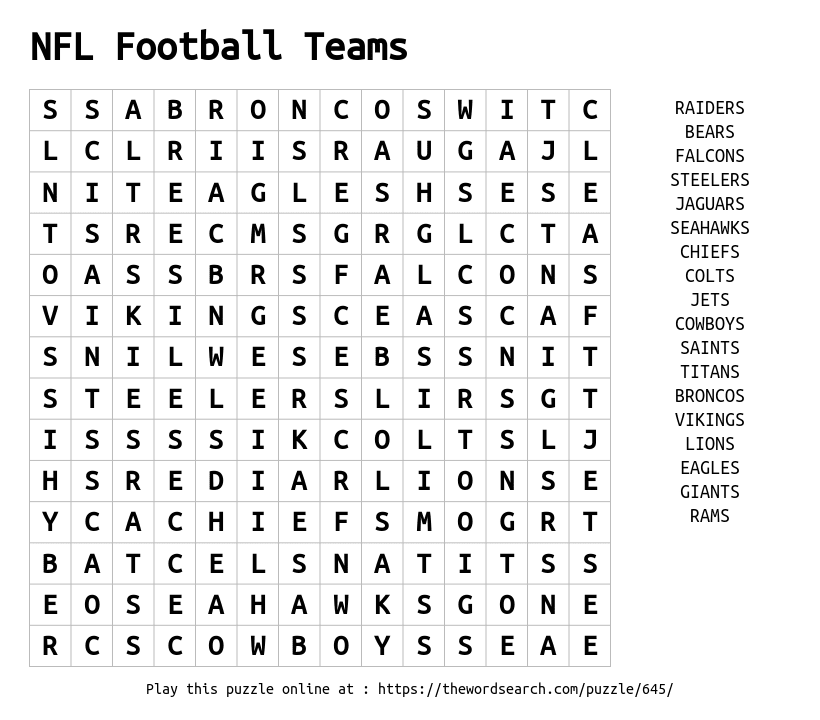 Word Search on NFL Football Teams