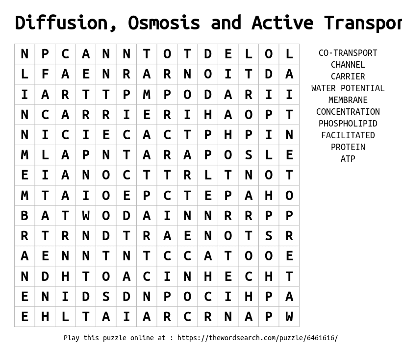 Diffusion, Osmosis And Active Transport Word Search