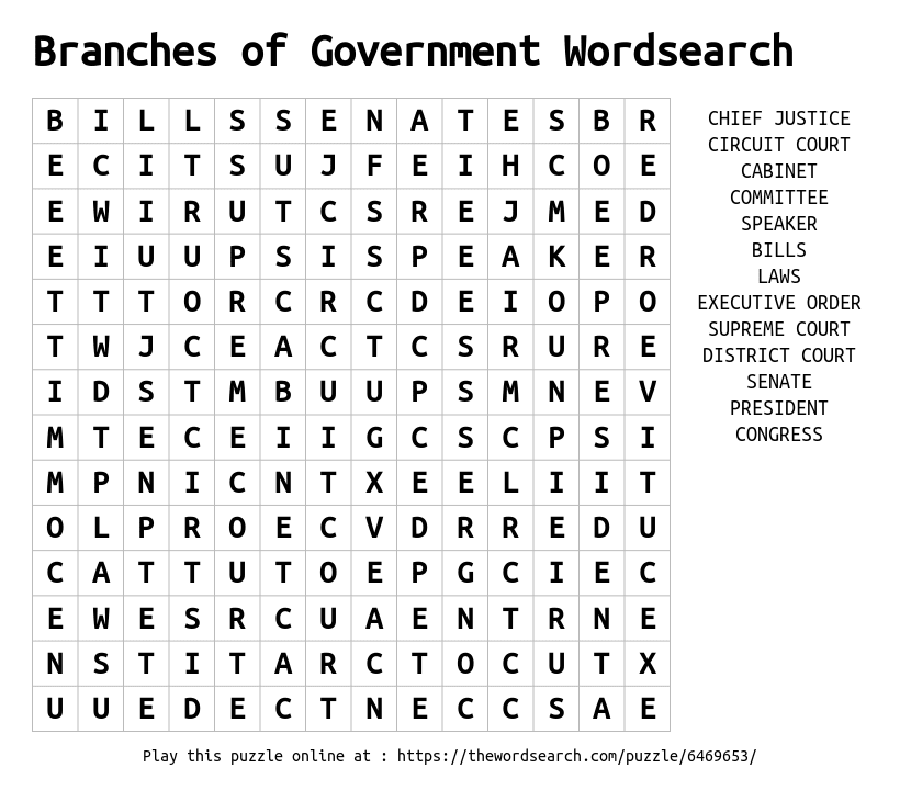 Download Word Search on Branches of Government Wordsearch