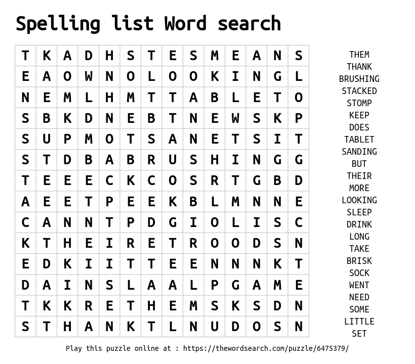 Word Search on Spelling list Word search