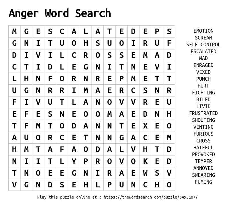 Word Search on Anger Word Search