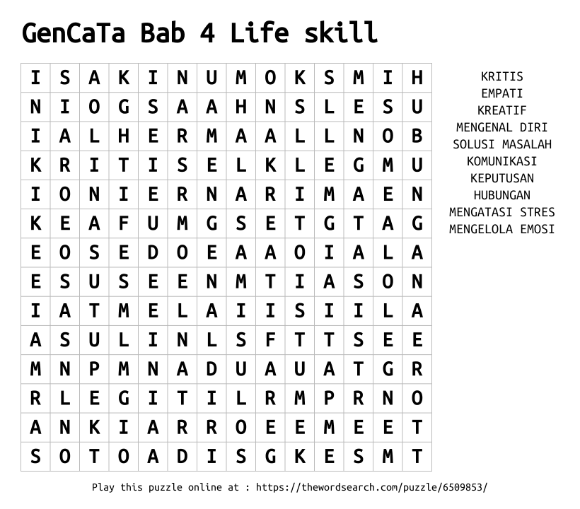 Word Search on GenCaTa Bab 4 Life skill