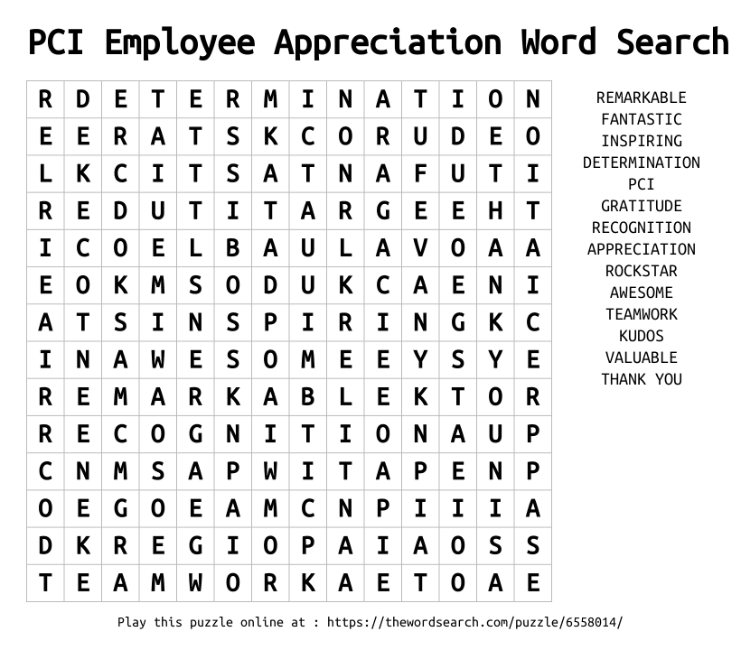 Word Search on PCI Employee Appreciation Word Search