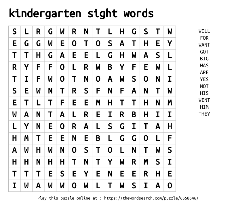 Word Search on kindergarten sight words