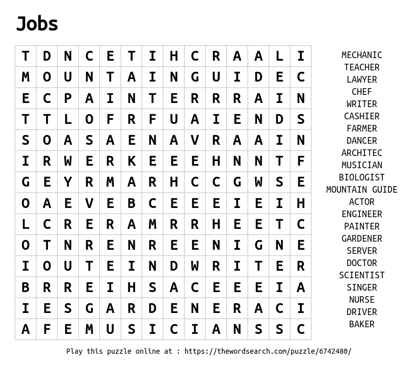 Jobs Word Search