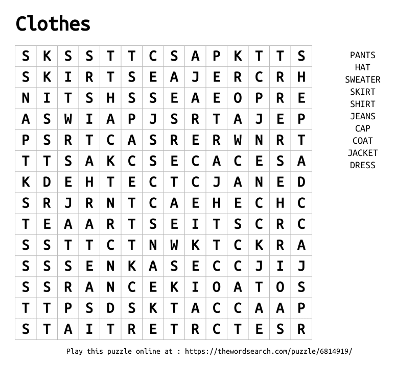 Word Search on Clothes