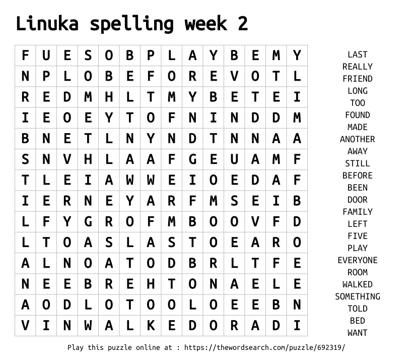 Word Search on Linuka spelling week 2