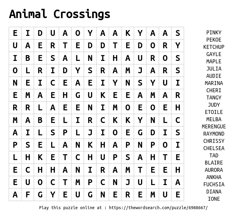 Word Search on Animal Crossings