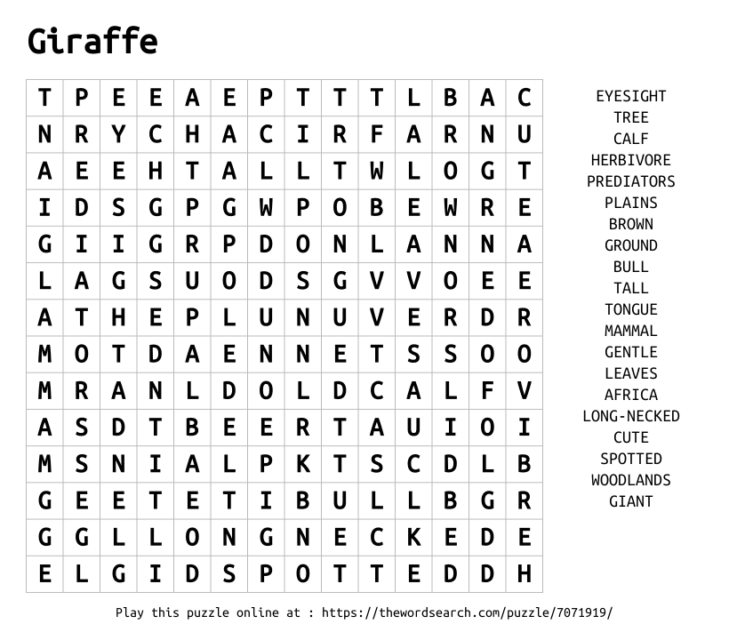 Word Search on Giraffe