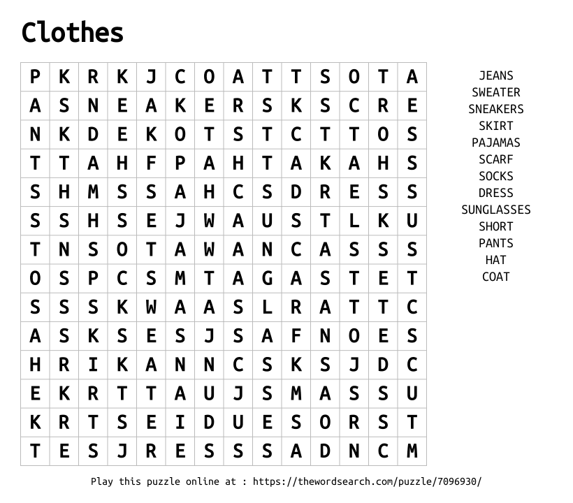 Word Search on Clothes