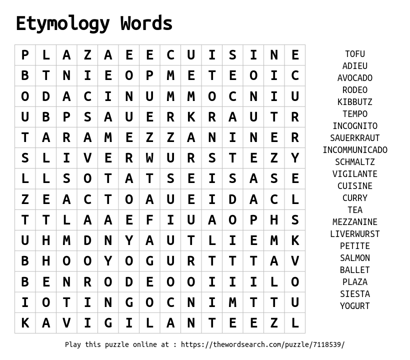Etymology Words Word Search
