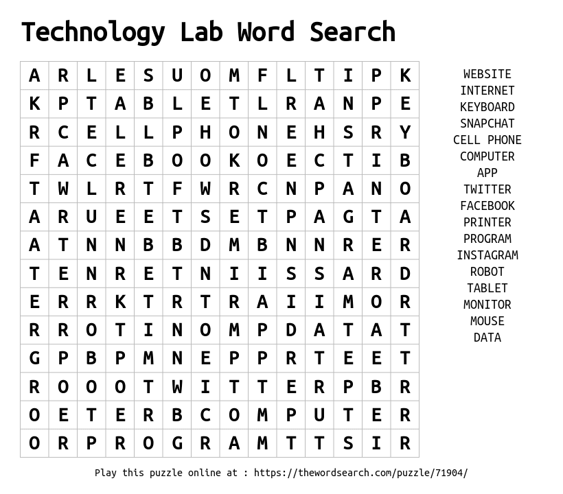 Technology Lab Word Search Word Search