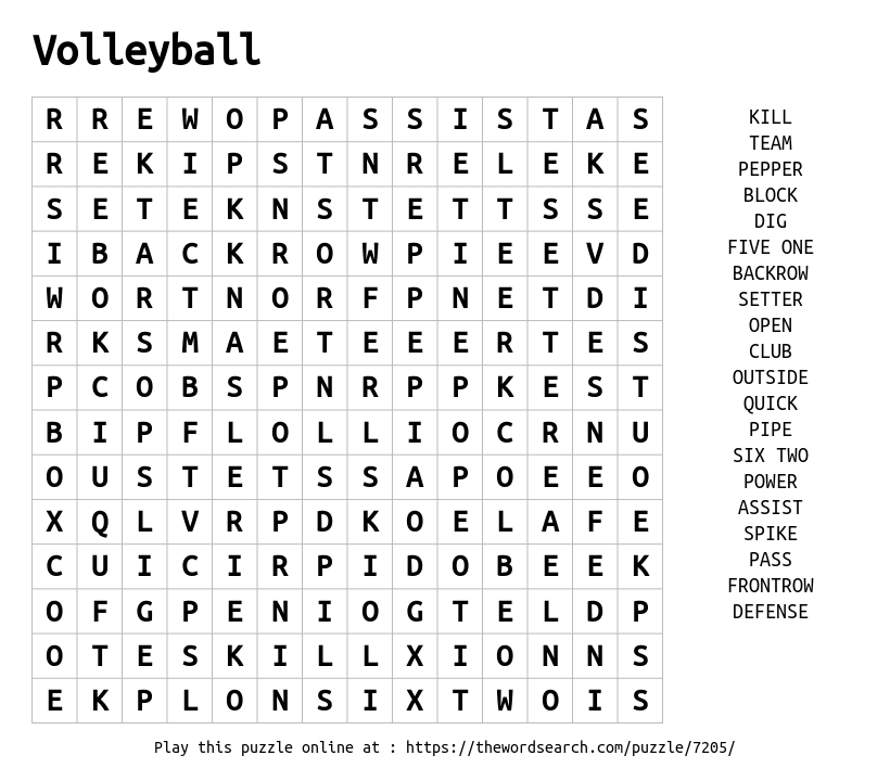 volleyball word search puzzle