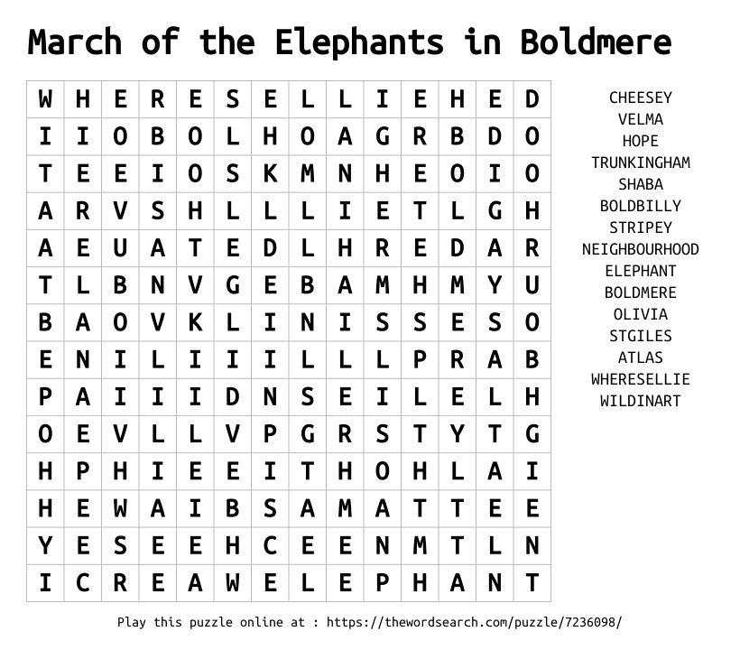 Word Search on March of the Elephants in Boldmere