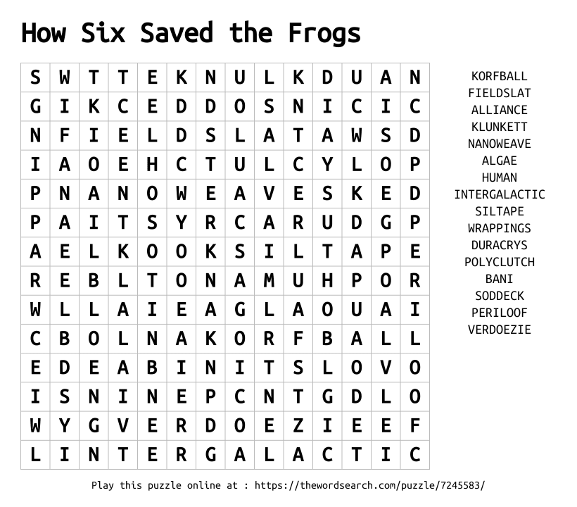 Word Search on How Six Saved the Frogs