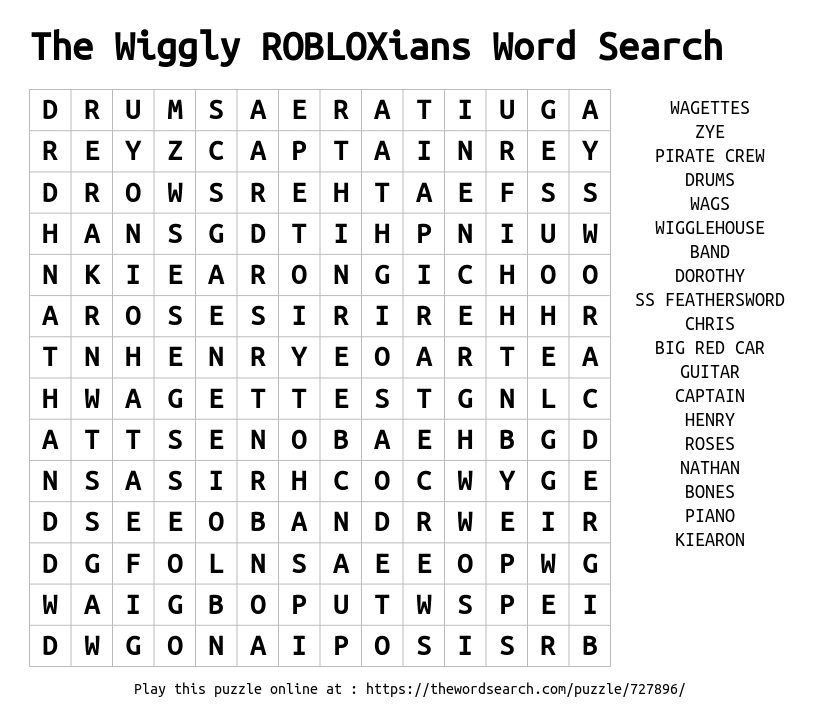 Download Word Search On The Wiggly Robloxians Word Search - the wiggly robloxians