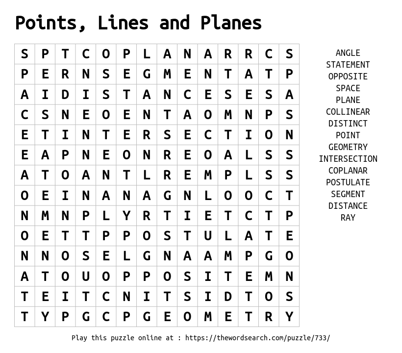 Word Search on Points, Lines and Planes
