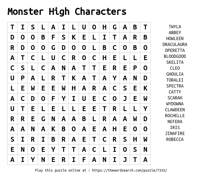 Download Word Search On Monster High Characters