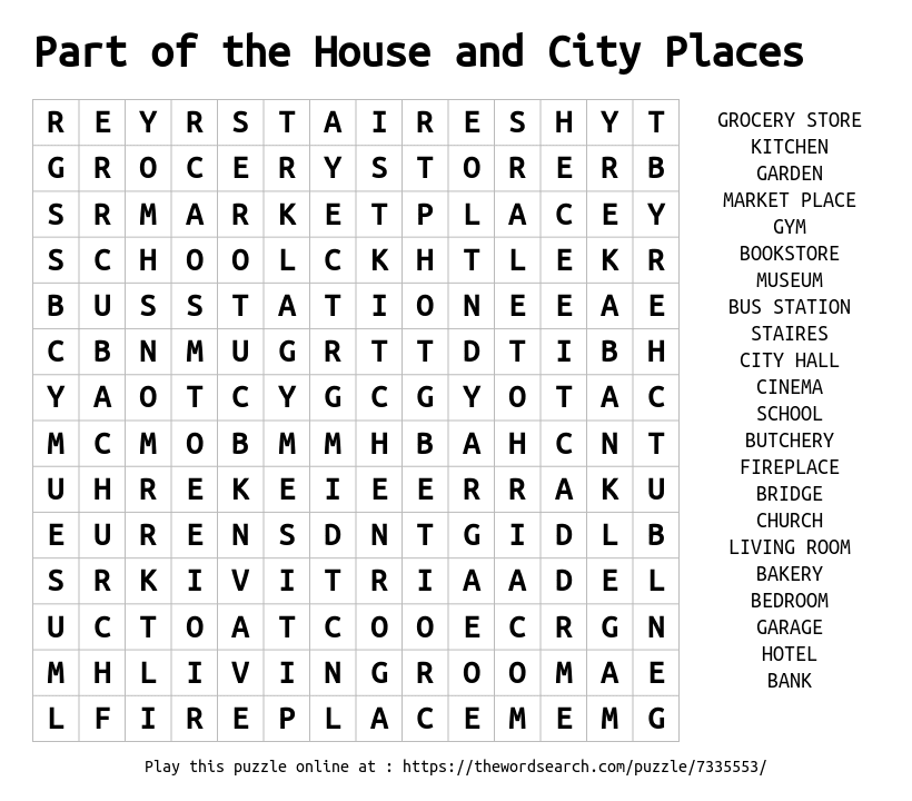Word Search on Part of the House and City Places