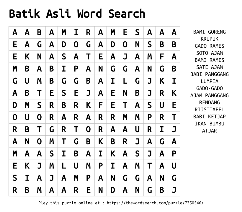 Word Search on Batik Asli Word Search