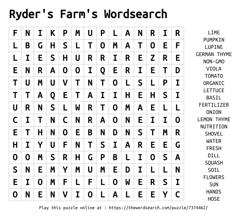 Word Search on Ryder's Farm's Wordsearch