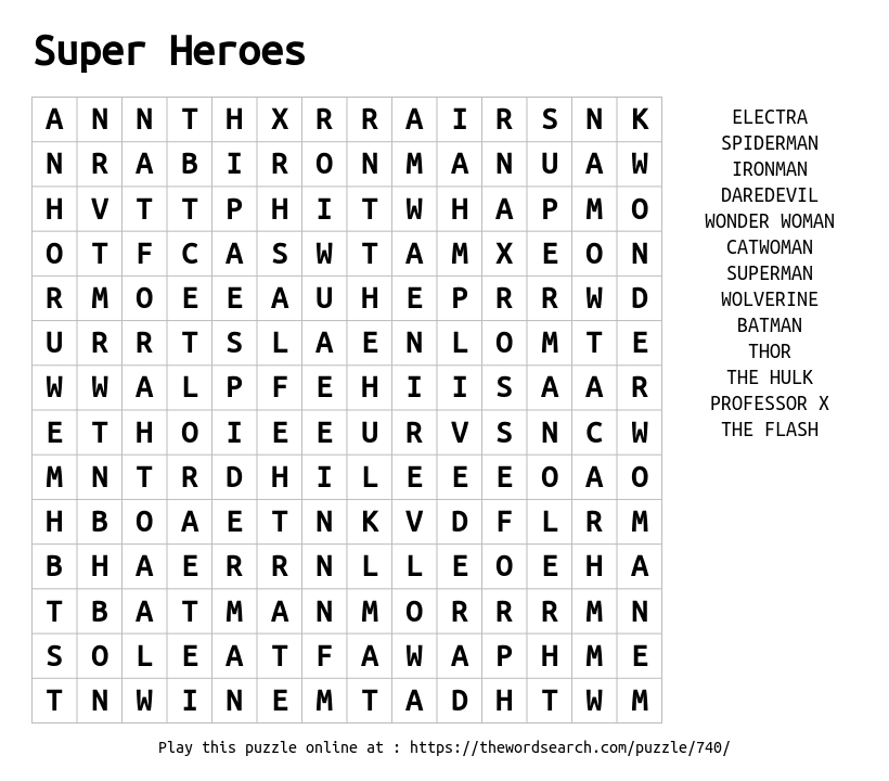 Word Search on Super Heroes