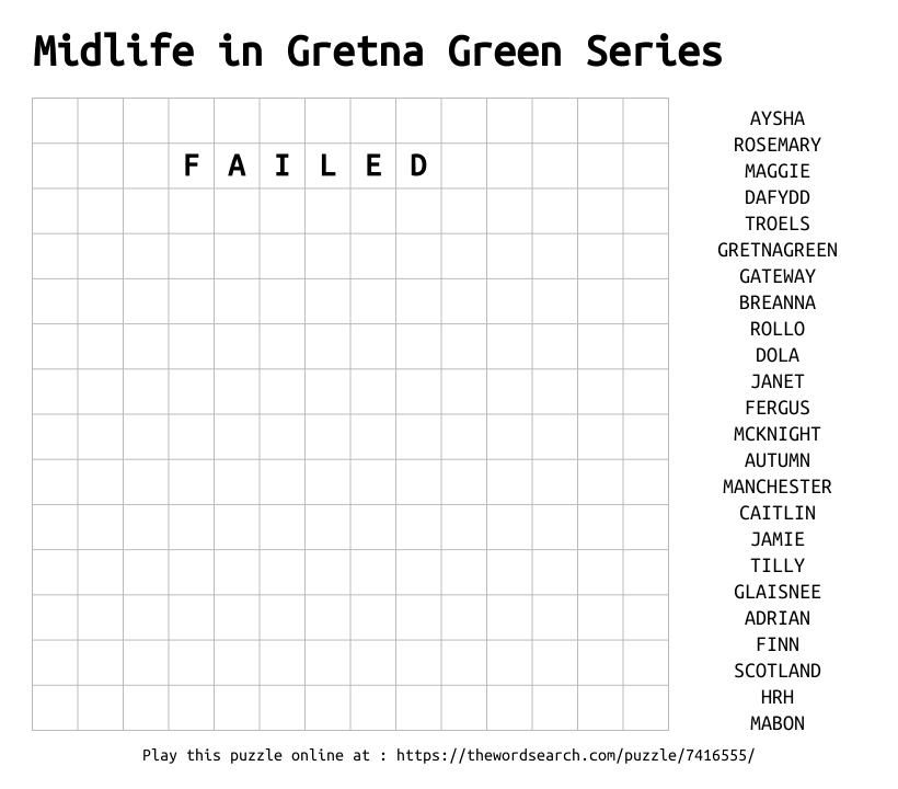 Word Search on Midlife in Gretna Green Series