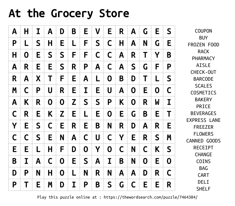 Word Search on At the Grocery Store