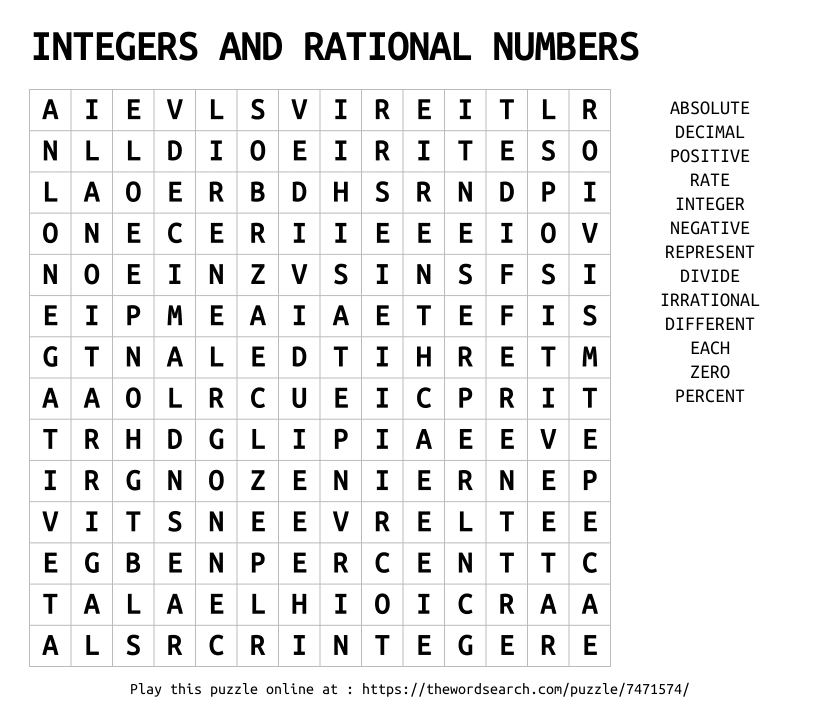 Word Search on INTEGERS AND RATIONAL NUMBERS