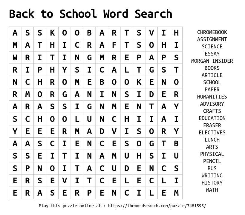 Word Search on Back  to School Word Search