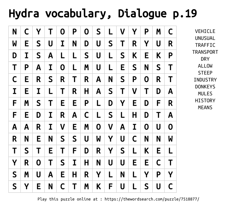 Word Search on Hydra vocabulary, Dialogue p.19