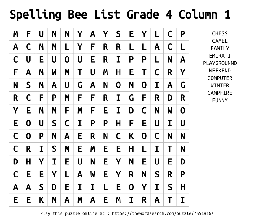 Download Word Search on Spelling Bee List Grade 4 Column 1