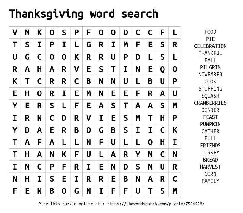 Word Search on Thanksgiving word search