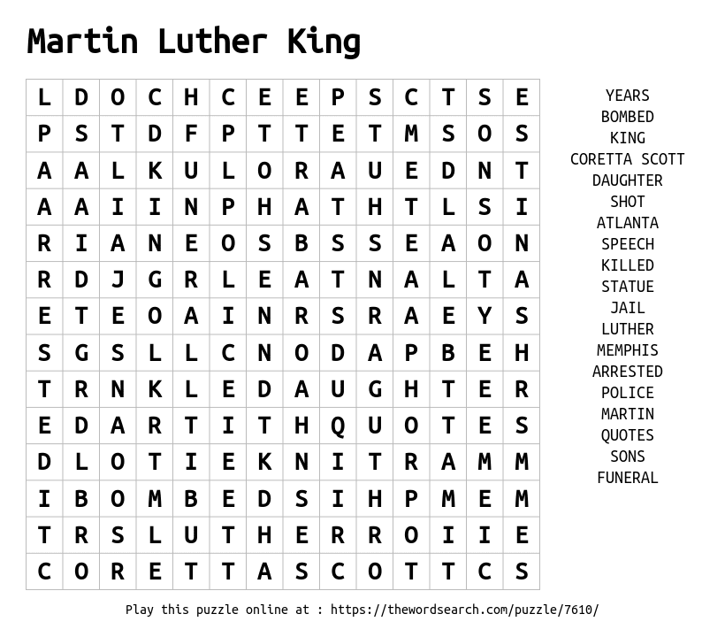 Word Search on Martin Luther King